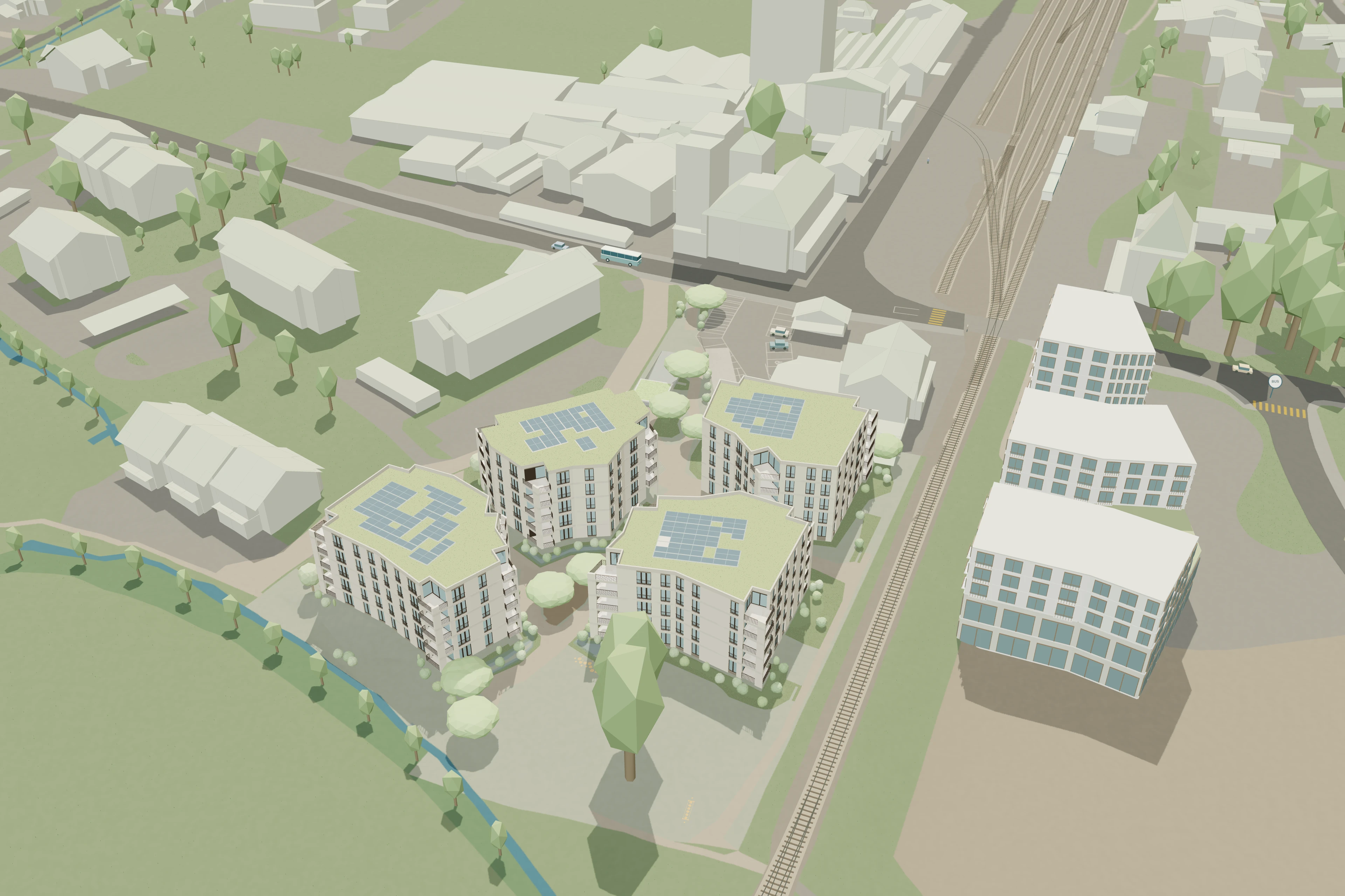 Vue 3D du quartier : les quatre bâtiments RIVA et leurs abords